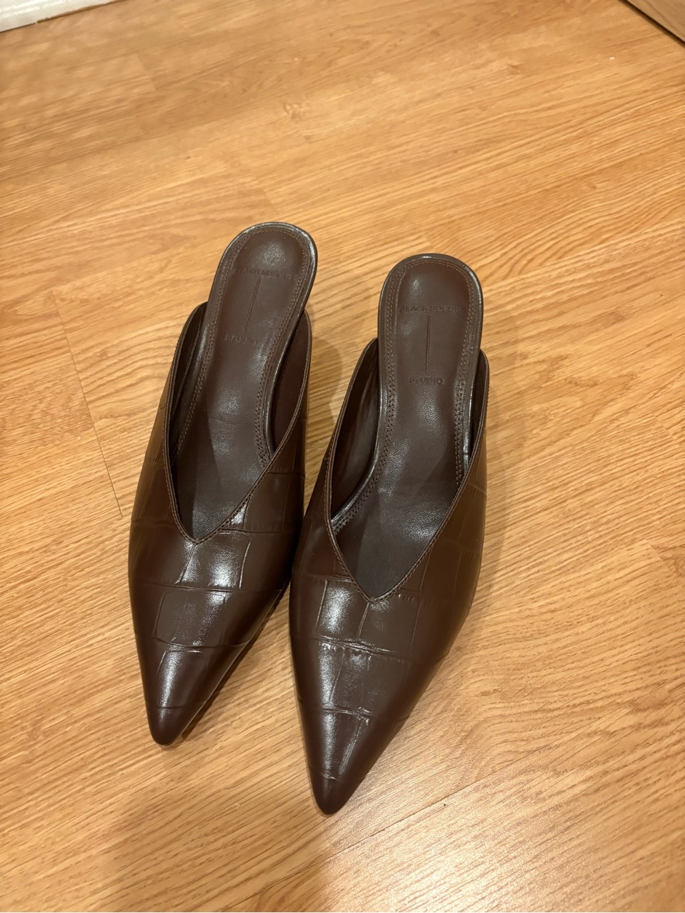 Pointed Brown Croc-Embossed Slip-On Mules